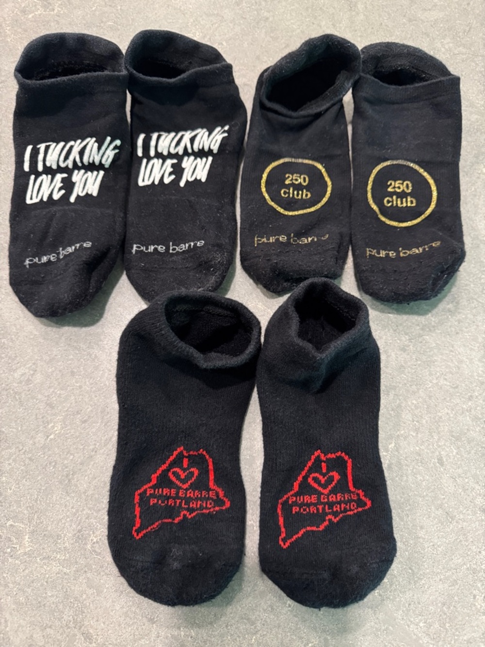 Pure Barre 250 club  Black Low-Cut Socks Trio with White, Gold, and Red Accents